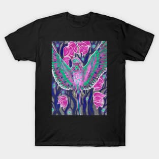 Colorful violet budgie bird in flowers T-Shirt